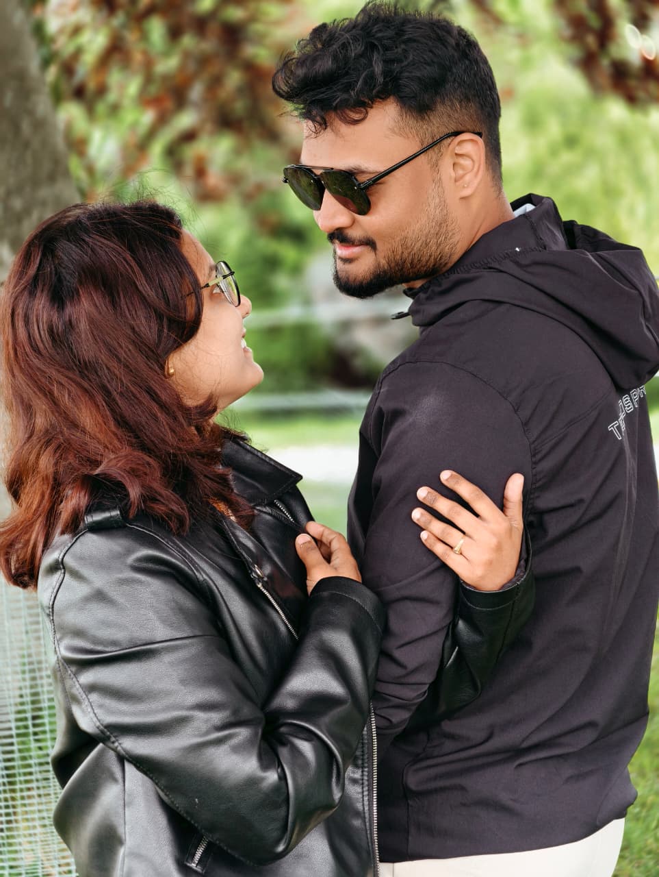 Ravi and Soumya in leather jackets on a day out